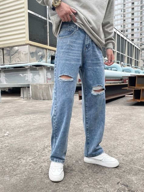 Light Wash    Denim Plain Straight Leg Embellished Non-Stretch  Men Denim Jeans Outfit Men, Denim Pants Fashion, Elastic Waist Jeans, Ripped Jeans Men, Korean Streetwear, Streetwear Mode, Fall Jeans, Moda Jeans, Loose Trousers