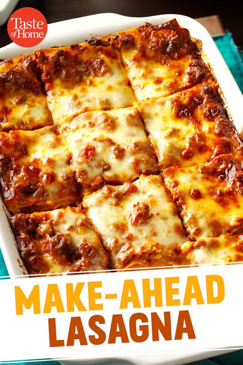 Make Ahead Lasagna, Lazy Lasagna, Baked Lasagna, Easy Lasagna Recipe, Lasagna Recipes, Homemade Lasagna, One Dish Meals, Taste Of Home Recipes, Potluck Recipes