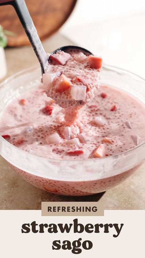 Light and refreshing strawberry sago that's super easy to make with fresh strawberries, coconut milk, tapioca pearls, and any jelly add-ins you like! #sago #strawberry #strawberrysago #nobakedessert | teakandthyme.com Strawberry Sago Dessert, Strawberry Sago, Coconut Milk Tapioca, Tapioca Dessert, Sago Recipes, Coconut Jelly, Tapioca Pudding, Thyme Recipes, Strawberry Jelly