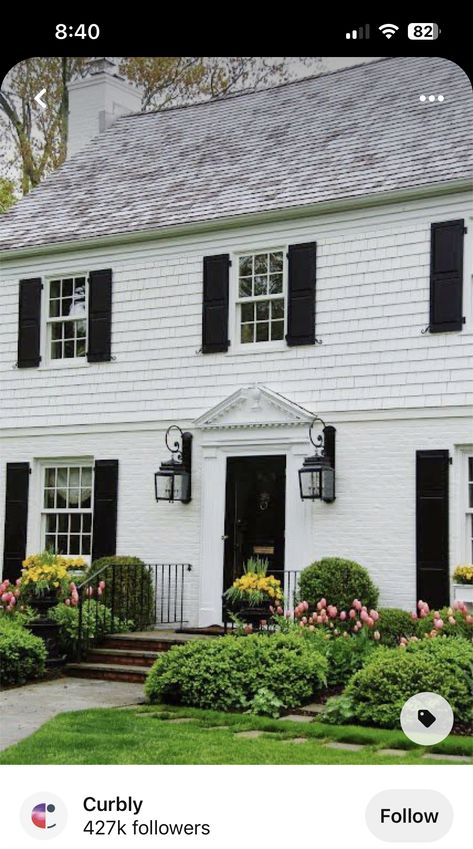 House Half Brick Half Siding, Half Brick House Exterior, Half Brick Half Siding Exterior, White House With Black Shutters, House With Black Shutters, Siding House, Porches Ideas, Colonial House Exteriors, White Colonial