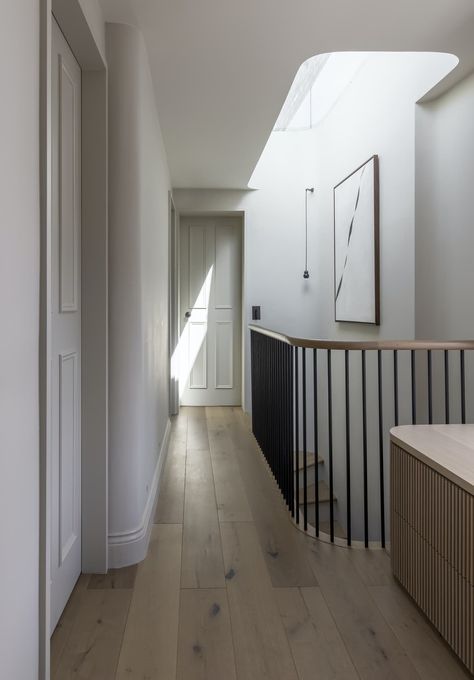 Photo 12 of 16 in A Candy Pink Pied-à-Terre in London Is Sumptuously Reimagined - Dwell London Mews House, Floor Options, Pink London, Calming Interiors, Light Wooden Floor, Mews House, Hallway Designs, Sky Light, Hallway Design