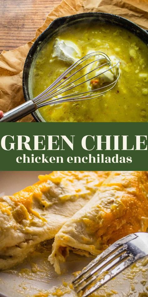 Looking for a quick and easy comfort food recipe? These Sour Cream Chicken Enchiladas are perfect for weeknight dinners. Made with shredded rotisserie chicken and a homemade green chile sour cream sauce. Enchiladas With Cream Cheese, Traditional Enchiladas, Rotisserie Chicken Enchiladas, Quick And Easy Comfort Food, Sour Cream Chicken Enchiladas, Cream Chicken Enchiladas, Cream Cheese Chicken Enchiladas, Green Chicken Enchiladas, Sour Cream Enchiladas