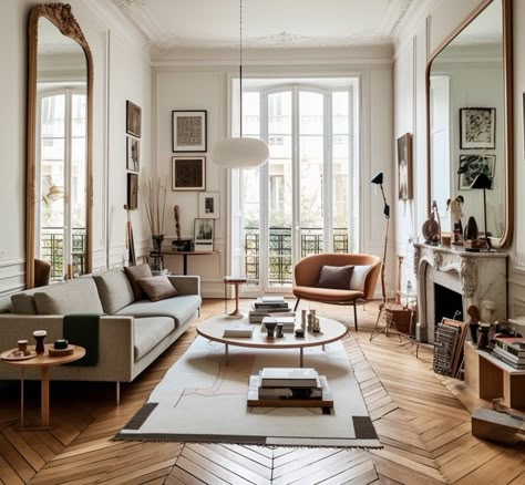 Modern Paris Apartment Interior Design, Interior Design Living Room Eclectic, Europe Style Interior Design, Paris Style Living Room, Living Room Parisian Modern, White Parisian Apartment, Paris Modern Interior, Modern Classic Apartment Interior, Modern France Interior Design