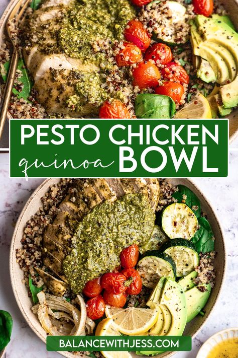 Pesto Chicken Quinoa Bowl Pesto Chicken Quinoa Bowl, Chicken Quinoa Bowl, Quinoa Bowls Healthy, Healthy Pesto, High Protein Meals, Chicken Quinoa, Chicken Breast Seasoning, Quinoa Bowl, Protein Meals