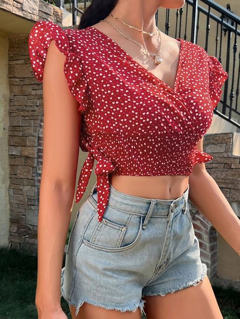 Women Blouses, Crop Blouse, Heart Print, Confetti, Knot, Blouses For Women, Blouses, Crop Tops, Women's Top