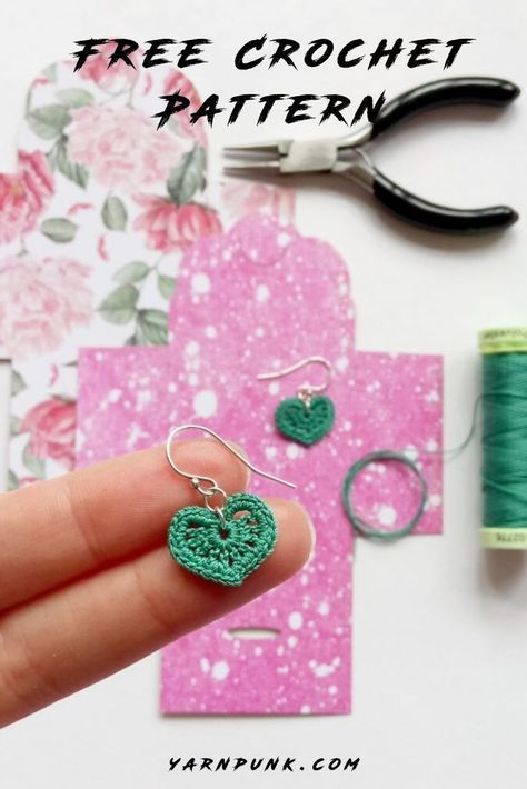 Learn how to make your own accessories with these lovely micro-crochet heart earrings! Create your own set with this free crochet pattern! This basic and beginner friendly DIY project is perfect for any crocheter that enjoys smaller work. A standout piece that will turn heads and makes for great crochet jewelry.  It can work up quickly. Working with simple stitches, the single crochet, any color will look great in your wardrobe! You will need to have ear wires and jump rings! Easy Crochet Earrings Free Pattern, Crochet Earrings Free Pattern Easy, Small Crochet Ideas Simple, Simple Crochet Ideas For Beginners, Christmas Earrings Diy, Crochet Wear, Making Jewelry For Beginners, Crocheted Stuff, Crocheted Jewelry