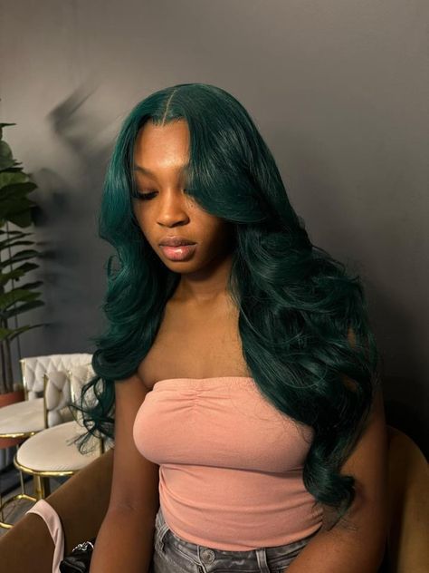 Olive Green Hair Color Black Women, Hunter Green Wig, Dark Green Wig Install, Forest Green Wig, Green Skunk Stripe Hair Black Women, Emerald Green Wigs Black Women, Black And Green Hair Black Women, Emerald Hair Black Women, Dark Green Highlights In Black Hair