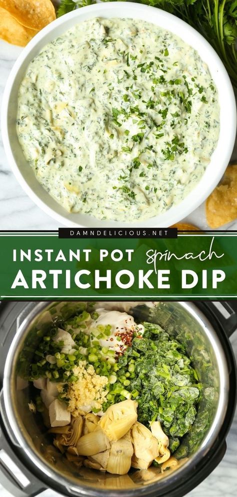 INSTANT POT SPINACH AND ARTICHOKE DIP, 4th of july party food, dip recipes Instapot Potluck Ideas, Instant Pot Spinach, Spinach Artichoke Dip Recipe, Spinach And Artichoke Dip, Artichoke Dip Recipe, Queso Cheddar, Spinach Artichoke Dip, Spinach Dip, Monterey Jack