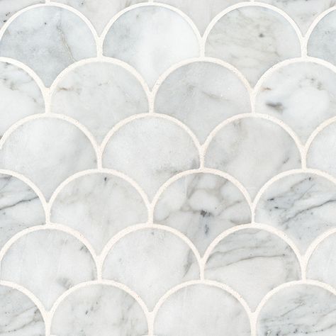 Calacatta Blanco Scallop Polished Scallop Tiles, Mermaid Tile, White Marble Tiles, White Italian, Fan Pattern, Stone Mosaic Tile, Mosaic Floor, Marble Mosaic Tiles, Stone Chips