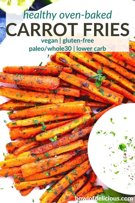 Oven Baked Carrot Fries, Oven Carrot Fries, Healthy Baked Carrots, Carrot Fries Dipping Sauce, Carrot Dipping Sauce, Uncommon Kitchen, Healthy Carrot Recipes, Carrot Bake, Roasted Carrot Fries