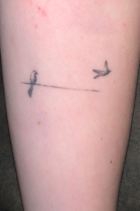 Parents Inspired Tattoos, Bird On Powerline Tattoo, Simple Tattoos For Parents, Crow On A Wire Tattoo, Birds On Powerline Tattoo, Bird On Wire Tattoos, Line People Tattoo, Birds On A Line Tattoo, Two Birds On A Wire Tattoo