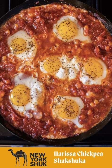 In Israel, shakshuka is the ideal brunch fare and as we enjoy breakfast for dinner more often then not, it also makes for the perfect mid week dinner. Chickpea Shakshuka, Matbucha Recipe, Roasted Eggplant Salad, Moroccan Carrot Salad, Pantry Recipes, Preserved Lemon, Grilled Halloumi, Dry Chickpeas, Lamb Meatballs