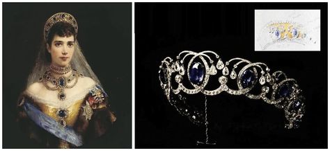 The Russian Sapphire "Wave" Tiara. It includes nine large sapphires, each surrounded by arcs of diamonds ending in dangling diamond drops, a design reminiscent of breaking waves in the ocean. It was essentially an unknown piece of Russian treasure until evidence of its existence was unearthed in 2012 in a book called: The Russian Diamond Fund, with a publication date of 1922. Where about of this piece today is unknown. Sapphire Wave Tiara, Romanov Jewellery, Breaking Waves, Royal Crown Jewels, Diy Crown, Royal Crowns, Royal Tiaras, Jewellery Indian, Imperial Russia