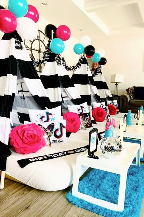 Tik Tok Teepee Party, Tik Tok Sleepover Party, Slumber Party Business, Tik Tok Themed Birthday Party, Tik Tok Party Ideas, Tik Tok Birthday Party Ideas, 10th Birthday Party Ideas, Tik Tok Birthday Party, Birthday Party Ideas For Boys