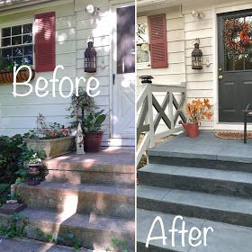 StyleWise: Budget Friendly Concrete Patio and Stairs Makeover Concrete Front Steps, Cement Steps, Front Porch Steps, Stairs Renovation, Front Door Steps, Front Stairs, Front Porch Makeover, Stair Makeover, Gardening Photography