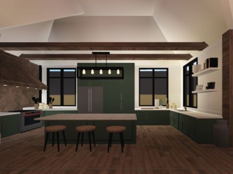 Green Bloxburg Kitchen, Apartments Bloxburg, Kendall Jenner Red, Bloxburg Modern Kitchen, Building Hacks, Bloxburg Building, Bloxburg Town, Roblox House, Minecraft Things