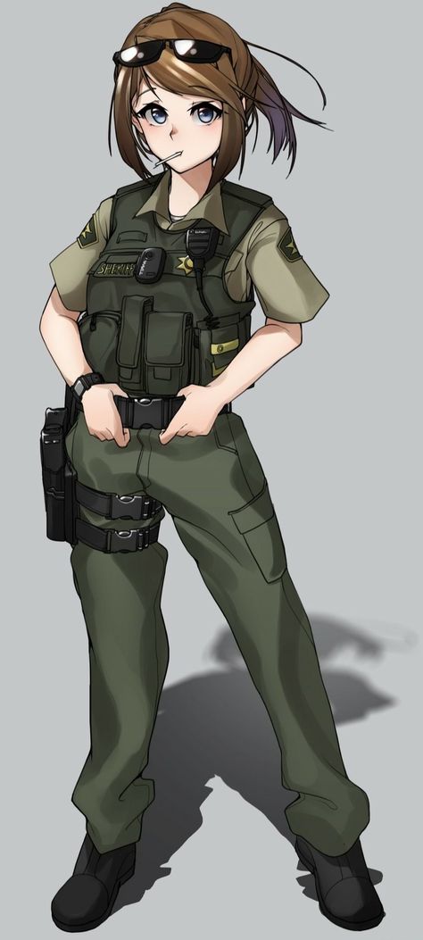 Anime Police, Gunslinger Art, Anime Soldier, Blue Eyes Brown Hair, Background Grey, Police Police, Female Police Officers, Police Uniform, Rainbow Six Siege Art