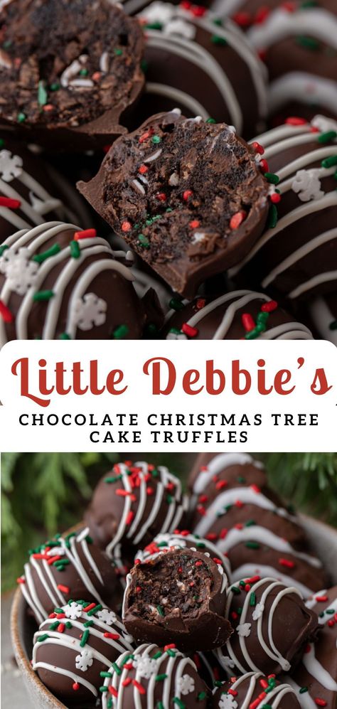 These Little Debbie chocolate Christmas tree cake truffles are adorable and delicious! They are the perfect twist on a childhood favorite to help get you into the holiday season. Follow along with this easy recipe to find out how to make the best Christmas truffles out there right now! Little Debbies Christmas Tree, Cake Truffles Recipe, Chocolate Christmas Tree, Little Debbie Snack Cakes, Chocolate Chip Dip, Little Debbie Christmas Tree, Oreo Truffles Recipe, Debbie Snacks, Christmas Truffles