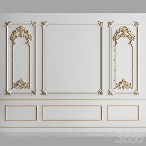 Classic Moulding Wall, Royal Wall Design, French Moulding Wall, Moulding On Walls, Classic Wall Design, Gold Trim Walls, Classic Wall Panel, Classic Mirrors, Interior Design Bedroom Teenage