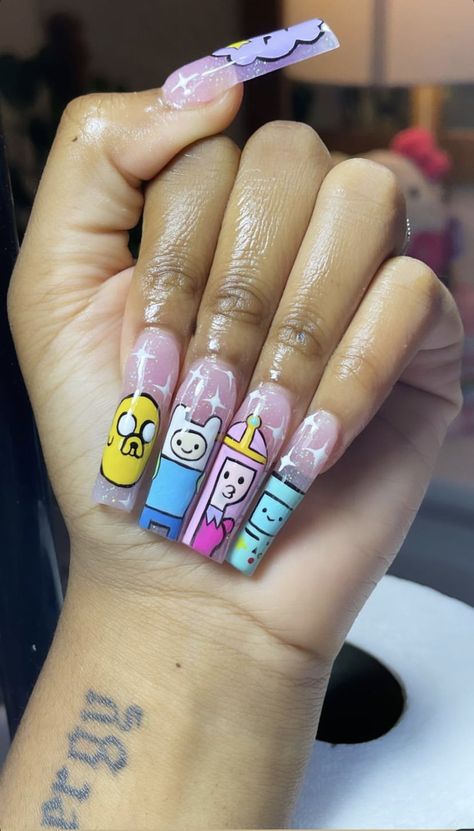 Regular Show Nails, Adventure Time Nails Acrylic, Adventure Time Nail Art, Adventure Time Nails, Bright Acrylic Nails, Bling Nail Art, Nail Drawing, Hello Nails, Nail Art Designs Diy