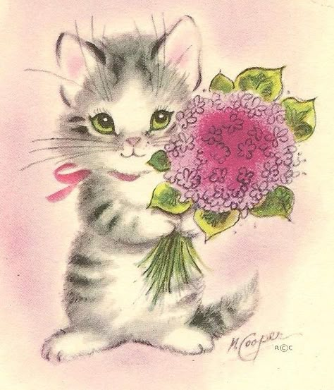 Kittens Vintage, Cat Cards, Cats Illustration, Vintage Greeting Cards, Vintage Cartoon, Vintage Cat, Cat Illustration, Cat Drawing, Vintage Cards