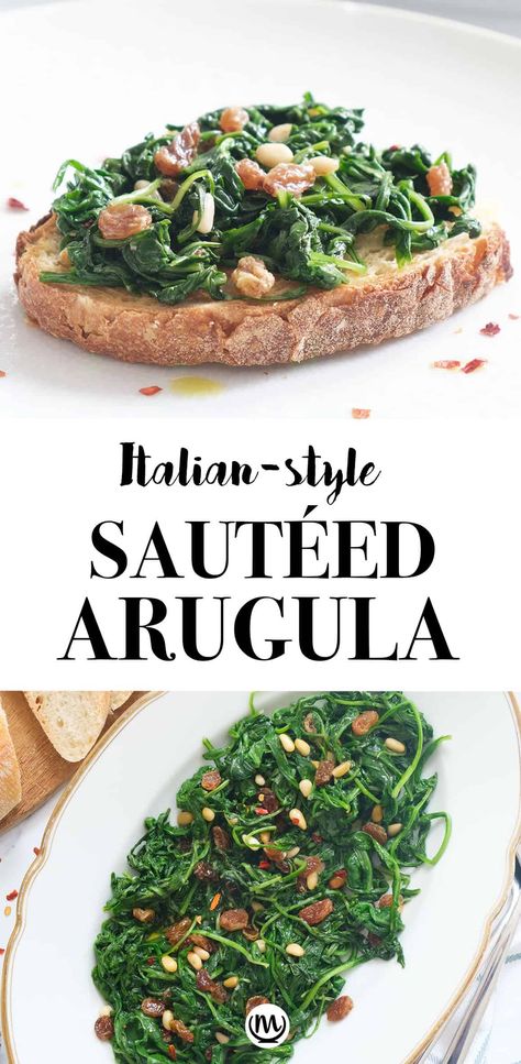 Cooked Arugula, Wilted Arugula, Arugula Recipes, Arugula Salad Recipes, Vegan Side Dishes, Nut Recipes, Mediterranean Diet Recipes, Vegetable Sides, Veg Recipes