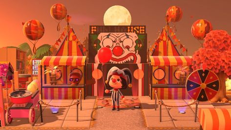 Acnh Haunted Carnival, Animal Crossing Spooky Carnival, Circus Animal Crossing, Acnh Circus Design, Animal Crossing Festival Ideas, Acnh Circus Ideas, Acnh Plaza Carnival Ideas, Animal Crossing Horror Design, Carnival Animal Crossing