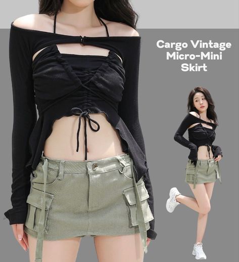 Halter Tops Outfit, Skirt Outfits Korean, Shoulder Shrug, Layered Crop Top, Outfit Korean, Outfit Check, Micro Mini Skirt, Miniskirt Outfits, Micro Mini