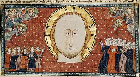 Beatific Vision from "Omne bonum"  James le Palmer: Omne bonum [ca. 1360 CE] London BL - MS Royal 6 E.VI, fol-16v England Clothing, Medieval Marginalia, Library Catalog, Medieval Manuscript, The Son Of Man, British Library, Print Book, Illuminated Manuscript, Monster Hunter