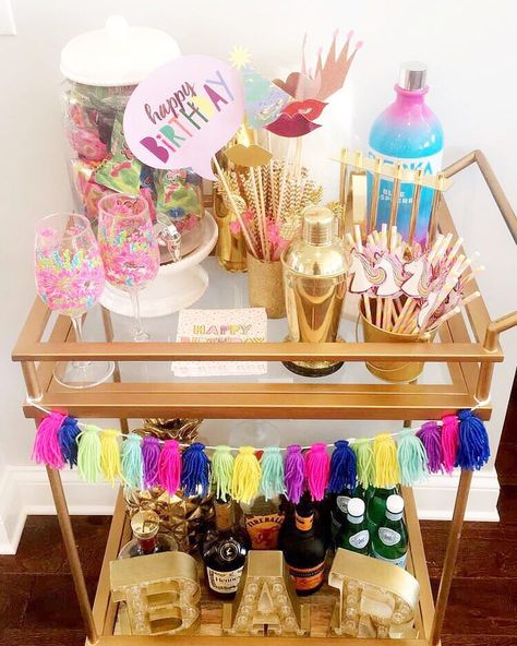 K R I S T E N (@ohmygoshitskristen) • Instagram photos and videos Birthday Bar Cart, Almost Birthday, Diy Bar Cart, Gold Bar Cart, Bar Refrigerator, Bubbly Bar, Birthday Bar, Bar Cart Styling, Gold Home Decor