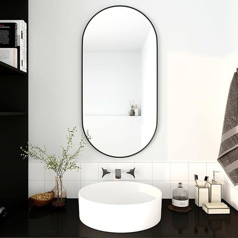 Amazon.com: ARTCHIRLY 35 x 18 Inch Black Oval Mirror, Contemporary Design Wall Mount Hangs Vertical or Horizontal, Wall-Mirror with Metal Frame for Bathroom (Oval 18 * 35) : Home & Kitchen Modern Bathroom Mirrors Oval, Black Oval Mirror Bathroom, Black Framed Oval Mirror, Oval Chrime Bathroom Mirror With Shelf, Under $100 Oval Mirrors, Oval Mirror, Wall Mounted Mirror, Metal Frame, Wall Design