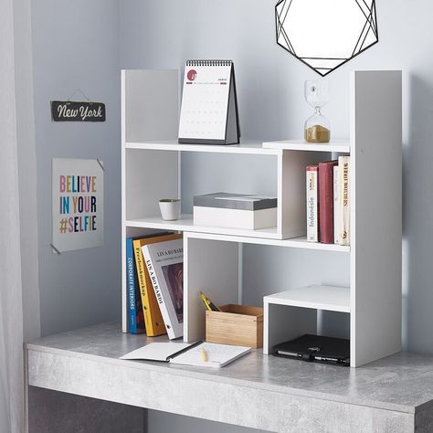 Latitude Run Aitan Yak about It Compact Adjustable Dorm Desk Standard Bookcase & Reviews | Wayfair K Pop Room Ideas, Room Ideas Minimalist, Dorm Desk, Desktop Bookshelf, College Dorm Desk, Desk Bookshelf, College Dorm Room Decor, Dorm Room Inspiration, College Room