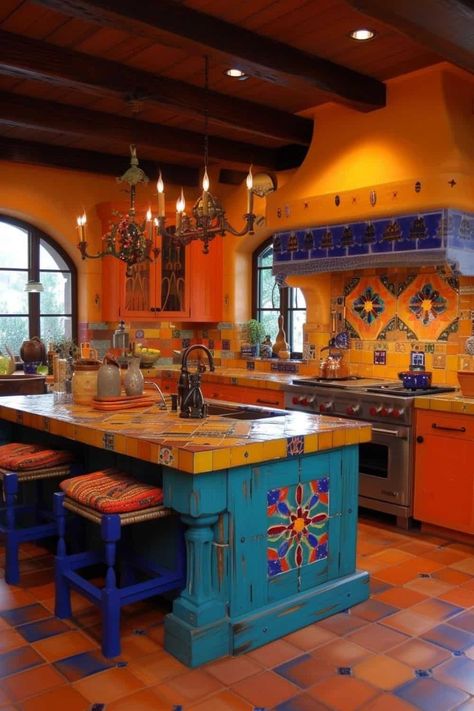 bold colored spanish kitchen Latin Kitchen Decor, Mexican Theme Kitchen, Mexican Kitchen Decor Ideas, Mexican Kitchen Design, Spanish Inspired Kitchen, Spanish Kitchens, Mexican Tile Kitchen, Spanish Kitchen Design, Hacienda Style Kitchen