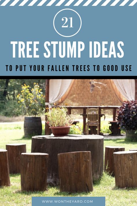 For those who live in wooded areas with fallen or cut trees, transforming tree trunks into something decorative and eye-catching is a wonderful way to repurpose unused wood. Adorning tree stumps with dainty items or reshaping the wood into a spectacular image can add a rustic look to your yard and increase the cuteness, and uniqueness of your outdoor space.👉 Follow This Blog to Getting More Ideas And Reviews. #BackyardIdeas #Backyard #BackyardDesign Uses For Tree Trunks, Oak Tree Stump Ideas, Repurpose Tree Trunk, Ideas For Tree Trunks, Oak Stump Ideas, Cut Tree Stump Ideas, Log Benches Outdoor Tree Stumps, Cut Down Tree Ideas, Wood Log Ideas Diy Projects Tree Trunks