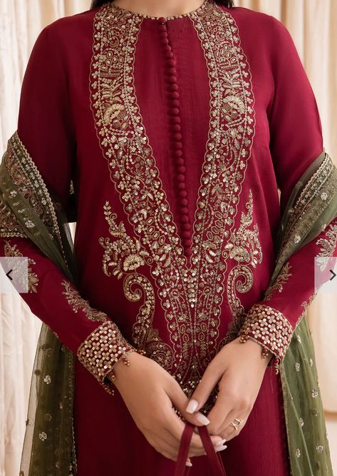 Neck Styles For Dresses, Red Unstitched Nida Suit With Resham Embroidery, Festive Red Unstitched Suit With Intricate Embroidery, Elegant Red Unstitched Suit With Intricate Embroidery, Red Semi-stitched Suit With Intricate Embroidery, Red V-neck Kurta With Resham Embroidery, Embroidery Fashion Detail, Velvet Dress Designs, Dress Neck Designs