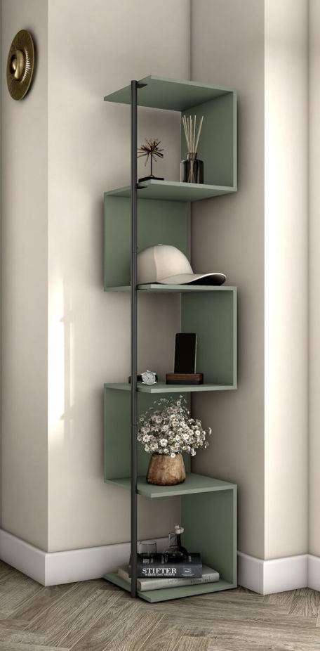 Sage Green Shelves, Sage Room Decor Aesthetic, Corner Book Shelf, Green Bookshelf, Green Bookshelves, Bedroom Decor Aesthetic, Green Shelves, Room Bookshelf, Homes Inside