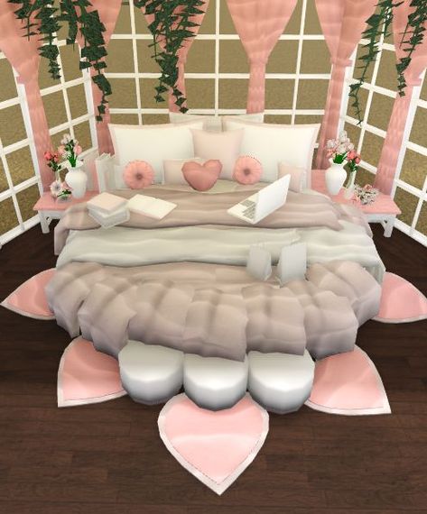 Pink Coquette Bedroom, Bloxburg Cottage, Coquette Bedroom, Circle Bed, Blocksburg Room Ideas￼, Bloxburg House Ideas 2 Floor, Bloxburg Decals Codes Wallpaper, Floor Bloxburg, House Decorating Ideas Apartments