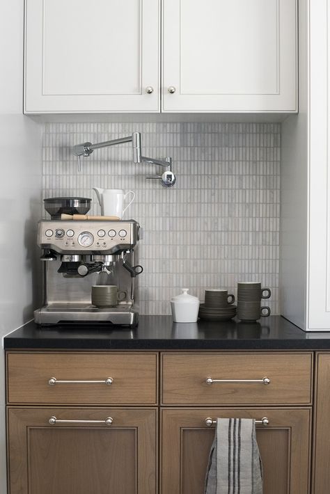 Coffee Station with Pot Filler Above Coffee Maker Kaffe Station, Coffee Station Kitchen, Coffee Bars In Kitchen, Coffee Nook, Home Coffee Bar, Coffee Bar Home, Pot Filler, Coffee Corner, Coffee Station