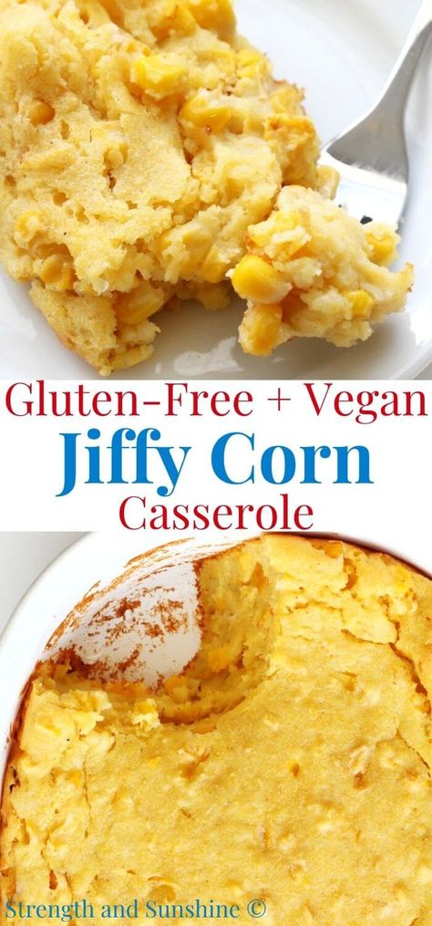 Vegan Corn Casserole (Gluten-Free, 5-Ingredient Jiffy Copycat) | Strength and Sunshine | This super easy Vegan Corn Casserole is just 5 ingredients and a homemade gluten-free copycat of the classic Jiffy recipe! Just stir the ingredients together and bake in the oven for a simple comforting side dish everyone in the family will love! This dairy-free old-fashioned Southern casserole is like a moist and eggless cornbread soufflé! Perfect for the holidays and feeding a crowd! Eggless Cornbread, Vegan Corn Casserole, Gluten Free Corn Casserole, Jiffy Recipes, Dairy Free Thanksgiving, Vegan Cornbread, Vegan Casserole, Gluten Free Cornbread, Gluten Free Sides