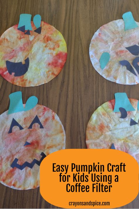 Picture of four tie dyed coffee filters with construction paper Jack O'lantern features glued on to make them look like pumpkins. Easy Pumpkin Craft, Pumpkin Craft For Kids, Craft For Toddlers, Pumpkin Craft, Fall Craft, Pumpkin Crafts, Pumpkin Fall, Easy Pumpkin, Craft For Kids