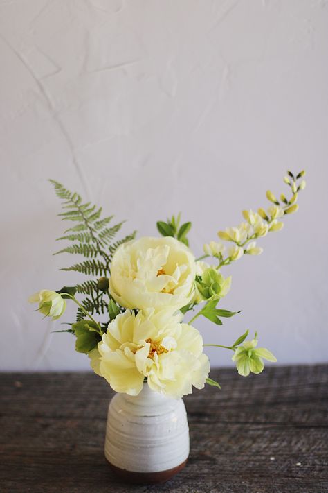 Small Vase Flower Arrangements, Yellow Floral Arrangements, Bud Vase Arrangements, Pink Yellow White Flower Arrangement, Yellow Bud Vases, Small Compote Floral Arrangement, Yellow Peony, Bud Vases Yellow Flowers, Yellow And White Floral Centerpieces