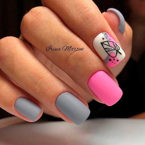 Grey Matte Nails, Matte Pink Nails, Grey Nails, Unghie Nail Art, Gray Nails, Matte Pink, Nails 2020, Pink Nail, Floral Nails