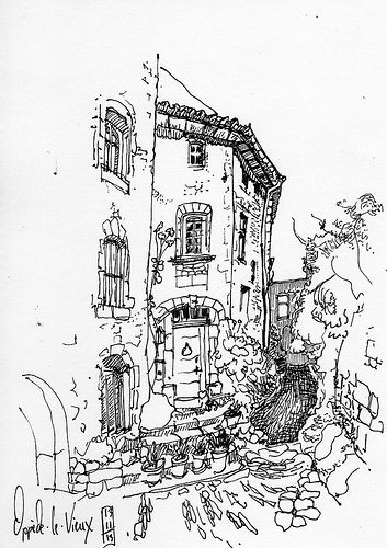 It's all crooked, but that's romantic! | Flickr - Photo Sharing! Town Drawing, Pencil Sketch Drawing, Daily Sketch, Architecture Drawing Art, Charcoal Art, Art Diary, Nature Drawing, Landscape Drawings, Ink Sketch