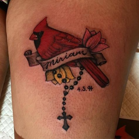 Samantha Park — A little memorial #tattoo for Jessica. #Cardinal... Cardinal With Angel Wings Tattoo, Red Cardinal Tattoo Small Memorial, Cardinal Watercolor Tattoo, Memorial Cardinal Tattoo, Cardinal Memorial Tattoo, Small Cardinal Tattoo Memorial, Red Cardinal Tattoo, Cardinal Tattoo Ideas, Cardinal Tattoo Memorial