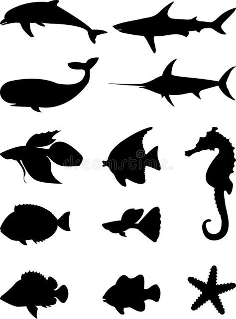 Ocean Animal Silhouette, Fish Silouttes, Sea Animal Cutouts, Sea Monster Silhouette, Sea Creatures Template, Sea Life Silhouette, Sea Creature Silhouettes, Fish Sillouhette, Diy Ocean Decorations