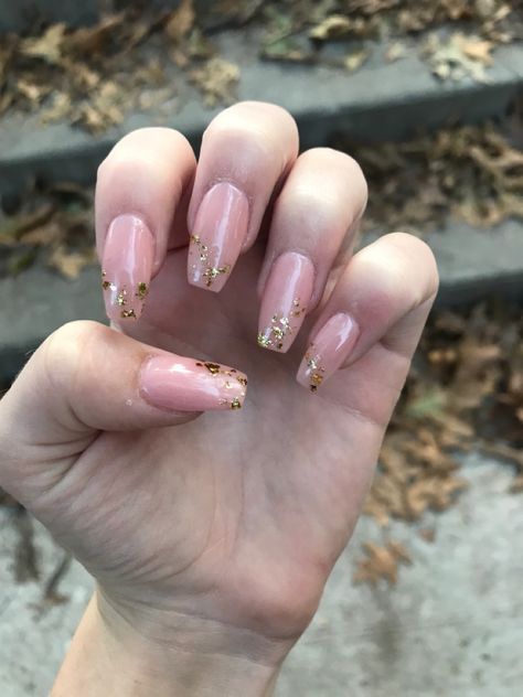 Nails With Gold Flakes Coffin, Sns Nails Designs, Handmade Sheet, Water Nails, Pink Gel Nails, Sns Nails, Nail Plate, Gold Flakes, Gold Nails