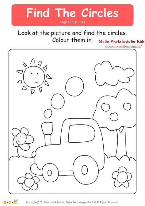 Find The Circles ( Age Group: 3-4 ) Look at the picture and find the circles. Colour them in. Maths Worksheets for Kid... Worksheets For Toddlers, Toddler Printables, Coloring Worksheets, Free Preschool Printables, Circle Math, Shapes Preschool, Kindergarten Printables, Printable Preschool Worksheets, Learning Worksheets