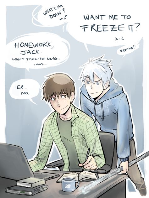 Homework by ~fluffy-fuzzy-ears on deviantART Jamie Bennett, Hiccup Jack, Jake Frost, Disney Ships, Jack And Elsa, Light In The Darkness, Randy Cunningham, Rise Of The Guardians, Disney Jokes