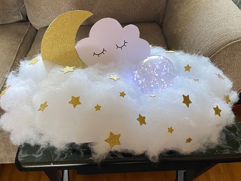 Cloud Centerpiece Diy Table Decorations, Over The Moon Centerpiece Ideas, Cloud Centre Pieces, Over The Moon Baby Shower Centerpiece, Cloud 9 Baby Shower Theme Centerpieces, Twinkle Twinkle Little Star Centerpieces, Moon Baby Shower Centerpiece, Moon Star Cloud Centerpieces, Over The Moon Baby Shower Ideas