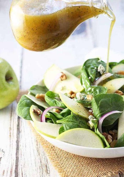 Apple Spinach Salad with Sweet & Sour Poppy Seed Dressing | The Blond Cook Dressing For Spinach Salad, Spinach Salad Dressing Recipe, Apple Spinach Salad, Healthy Fall Salads, Sweet And Sour Dressing, Spinach Salad Dressing, Cranberry Walnut Salad, Jello Salads, Chicken Salad With Apples